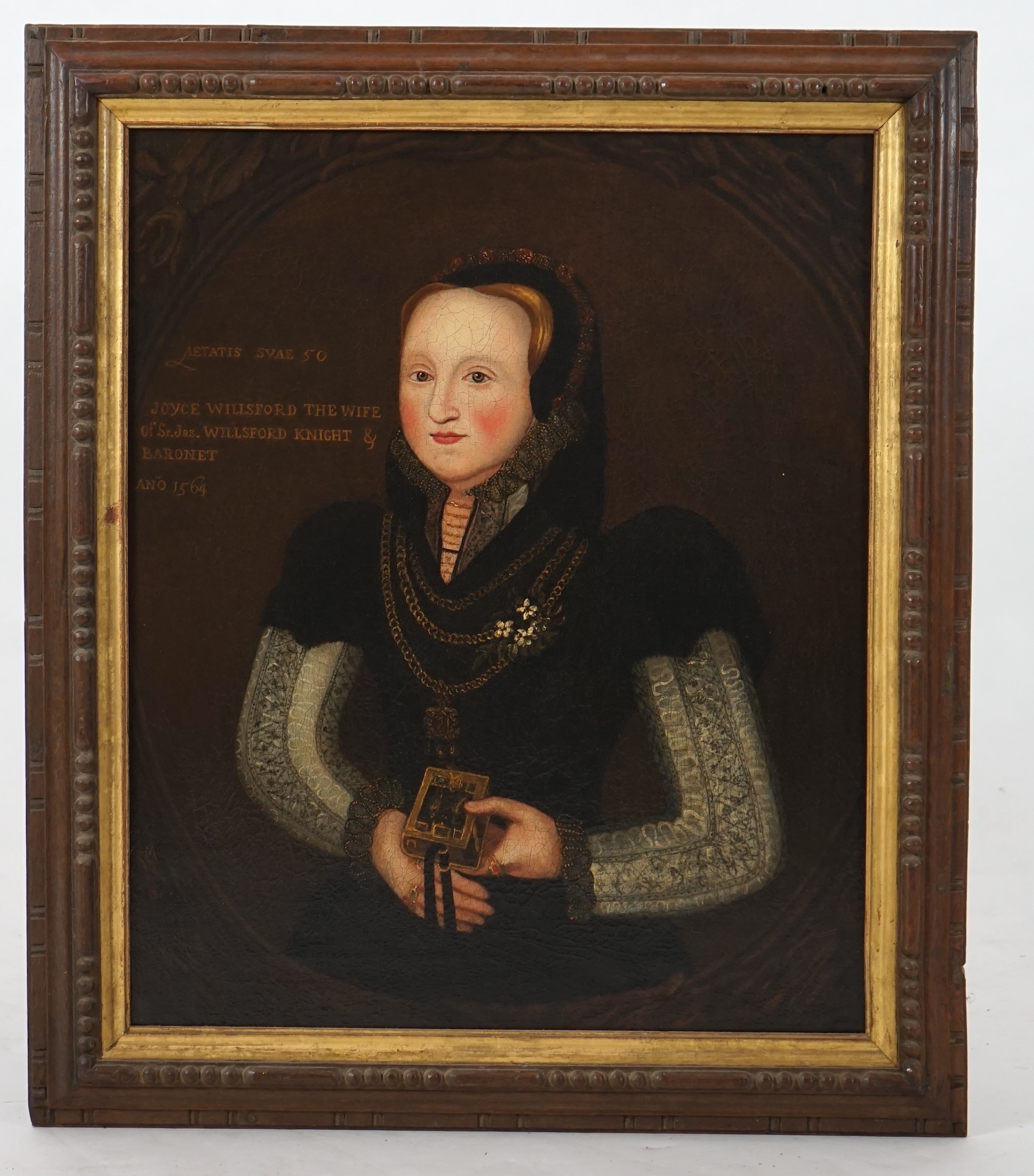 English School , Portrait Joyce Willsford, the wife of Sir James Willsford, Knight & Baronet, Aetatis suae 50 ano 1564, oil on canvas, 72 x 60cm